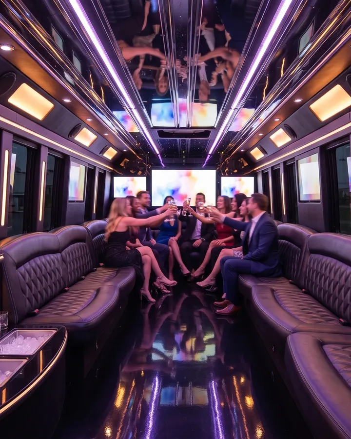 Friends raise a toast on the leather seats inside a Hayat Livery party bus