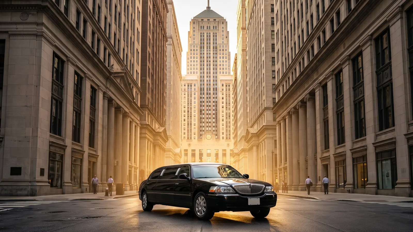 A black stretch limousine on a downtown Chicago street lined with stone office towers