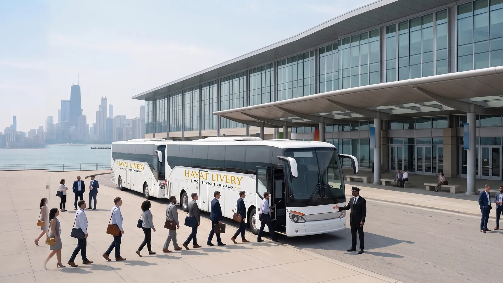 A chauffeur welcomes business travelers to white motor coaches outside a lakefront convention center