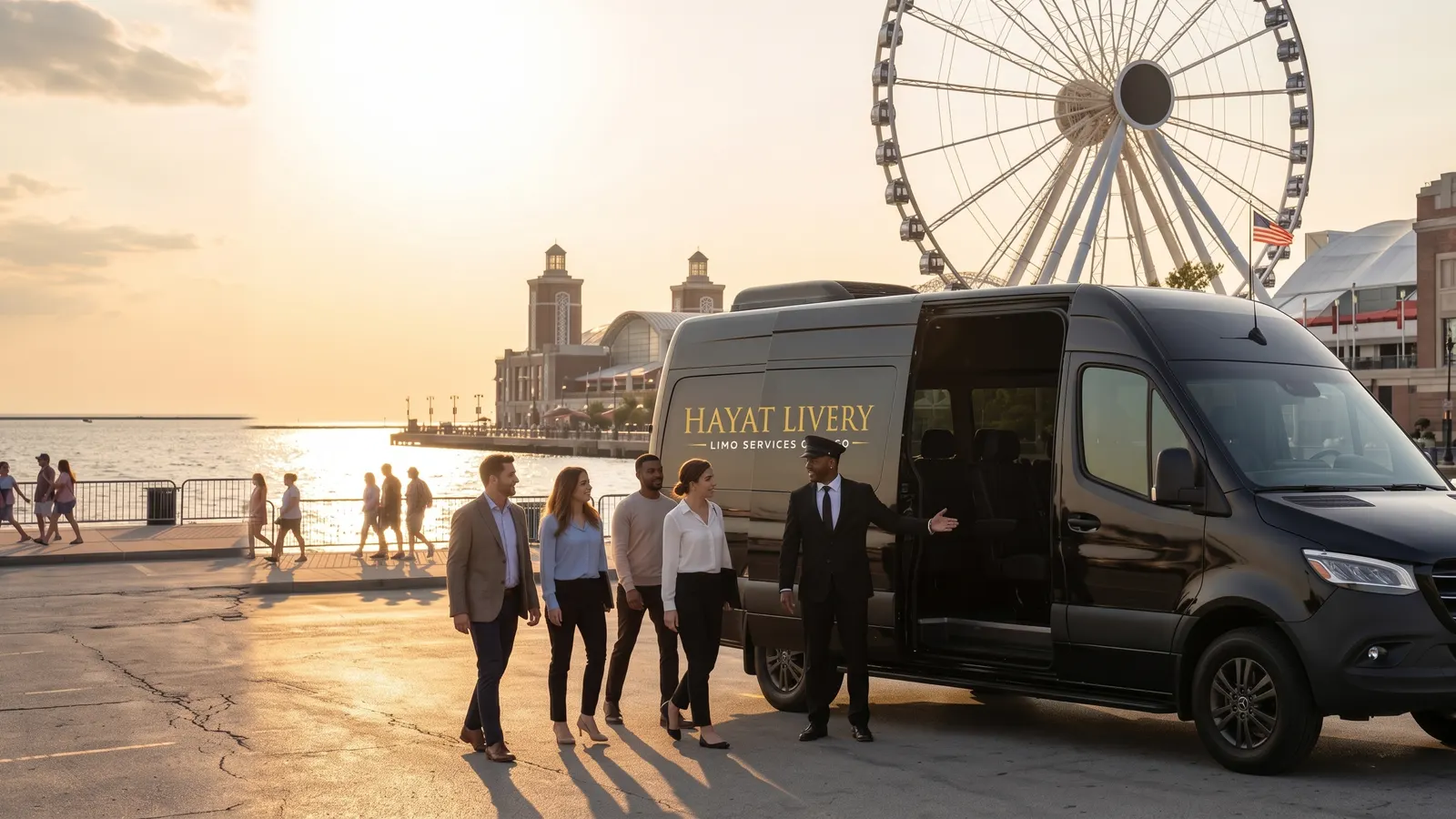 Guests walk to a black Sprinter van at Navy Pier while the chauffeur waits beside the open door