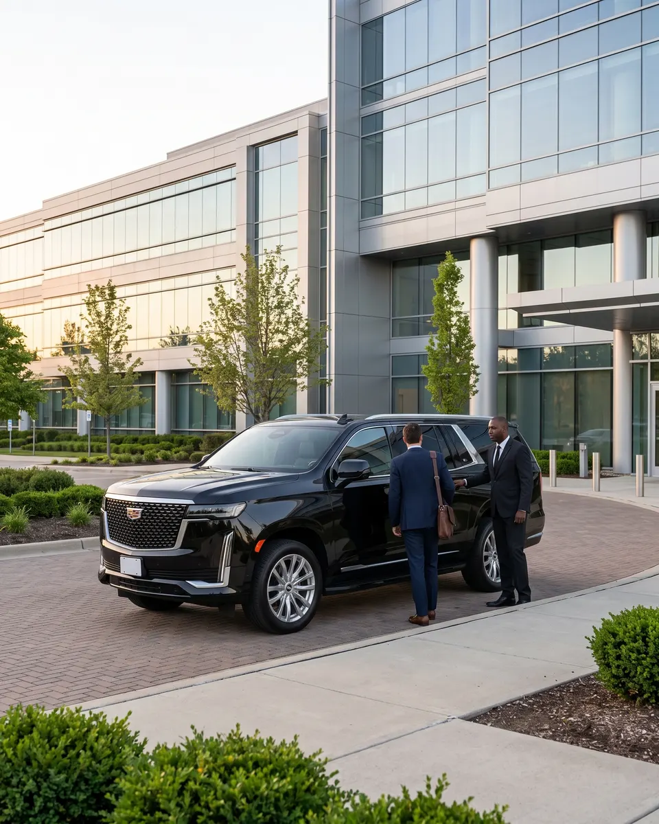A chauffeur holds the rear door of a black Escalade for an executive at an office campus