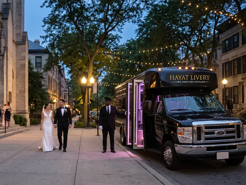 A chauffeur holds the door of a black Hayat Livery party bus for a bride and groom outside a Gold Coast church at dusk