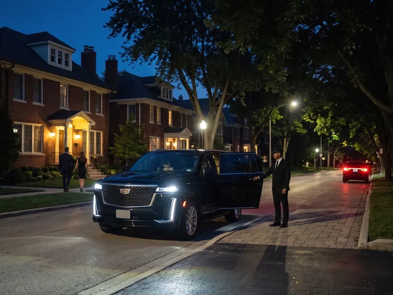 A chauffeur waits beside a black Escalade outside a brick house at night