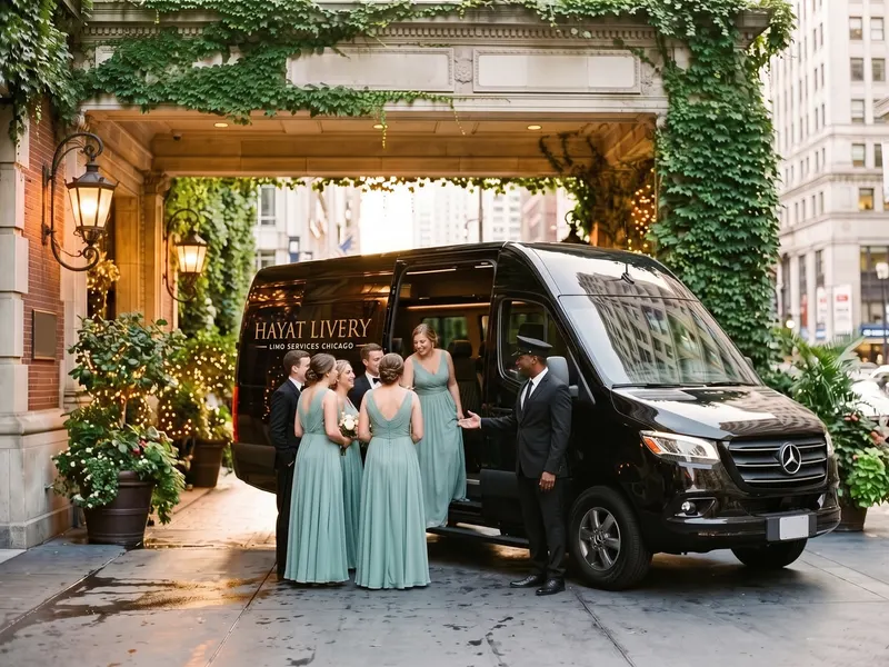 Bridesmaids gather beside a black Sprinter at an ivy-covered reception entrance