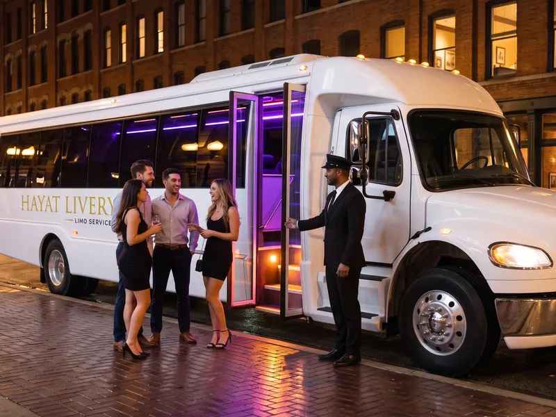 A chauffeur holds the door of a white party bus for guests on a brick street at night